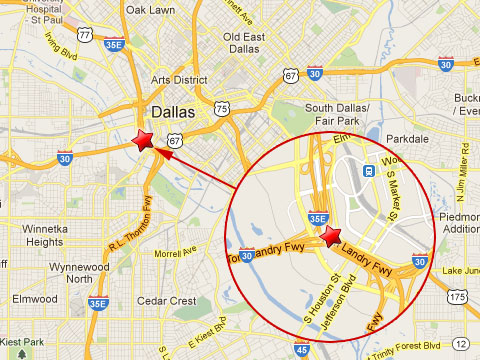 Map showing location of fiery semi truck accident on I-30 in Dallas, TX where a trucker was rescued from certain death by a good samaritan on January 9, 2013.