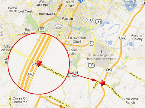 Map showing location of a fatal accident between a garbage truck and a pickup truck on the State Highway 130 service road at Farm to market 812 about 12.6 miles southeast of Austin, TX on February 22, 2013. 