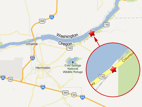 Map showing location of tanker truck and train accident in Hermiston, OR on State Highway 730 near the Washington border on February 25, 2013.