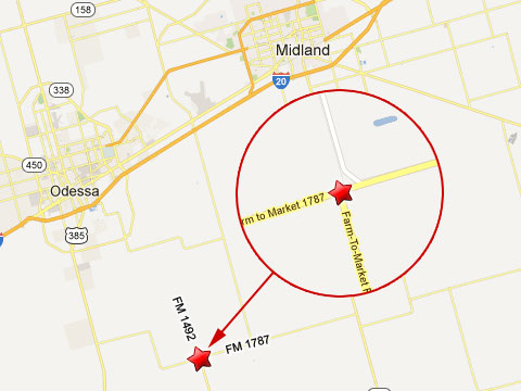 Map shows location of 18-wheeler collision with Ford pick up on Feb. 6, 2013 near the border of Midland, Ector and Crane Counties.