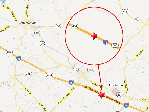 Map showing location of fiery semi truck crash that killed 4 people on the westbound I-16 just outside Montrose, GA on February 6, 2012. 