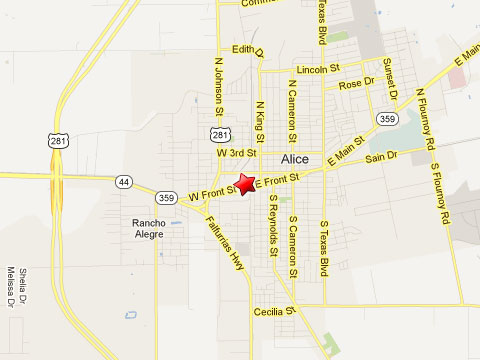 Map showing location of Texas Highway 44 in Alice, TX where bicyclist, Luis David Wiles suffered a broken leg after it was run over by a semi truck that was pulling out of a  Tex Best Travel Center on March 12, 2013.