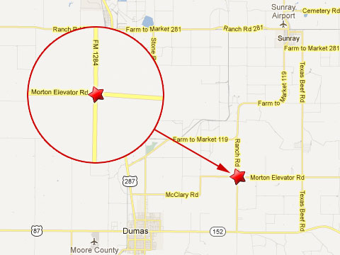 Map showing location of fiery semi truck crash that killed 5 teens in Dumas, TX at the intersection of Farm to Market 1284 and Morton Elevator Rd on March 10, 2013.