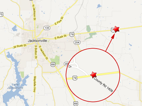 Map showing location of fatal semi truck accident in Jacksonville, TX on U.S. Highway 79 and County Road 1409 on March 16, 2013.