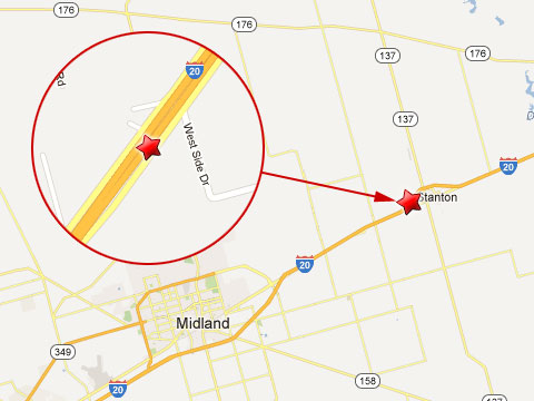 Map showing location of fatal semi truck accident southwest of Stanton, TX on the eastbound I-20 service road near mile marker 155 in Bexar County, TX on March 20, 2013.