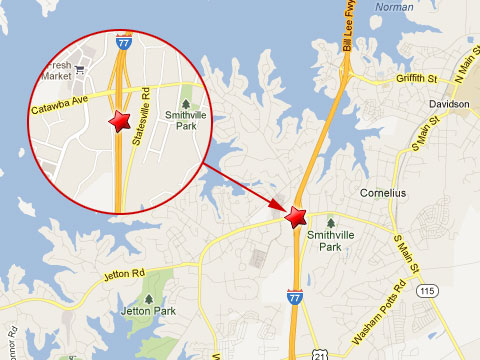 Map showing location of a tractor trailer crash on the northbound I-77 at the Catawba Ave exit in Cornelius, NC on April 17, 2013.