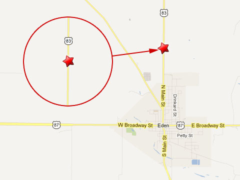 Map showing location of fatal semi truck accident about 1.5 miles north of Eden, TX on U.S. Highway 83 on March 21, 2013.