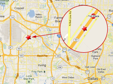 Map showing location of fatal tour bus crash in Irving, TX on the George Bush Turnpike (Highway 161) at Beltway Drive near the toll plaza on April 11, 2013.