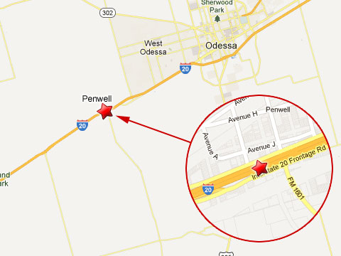 Map showing location of a fiery fatal crash with two tractor trailers and an SUV going the wrong way on the eastbound I-20 in Penwell, TX just outside Odessa at Farm to Market 1601 (Exit 101) on April 4, 2013.