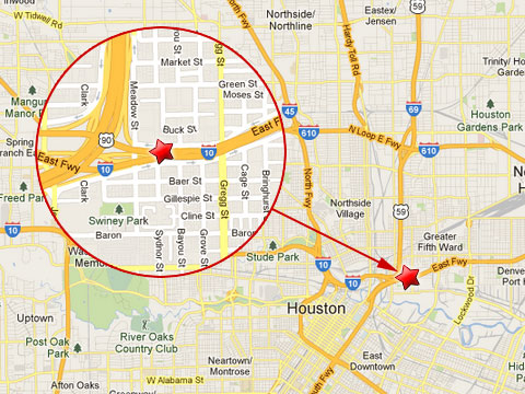 Map shows location of semi truck accident on the westbound side of the East Freeway in Houston, TX at the Eastex Freeway interchange (U.S. Highway 59) on May 22, 2013.