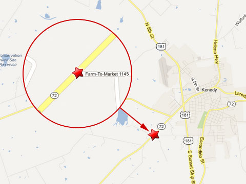 Map shows location of a fatal crash of a Honda with an 18 wheeler at Farm to Market 1145 and Texas State Highway 72 in Kenedy, TX on May 20, 2013.