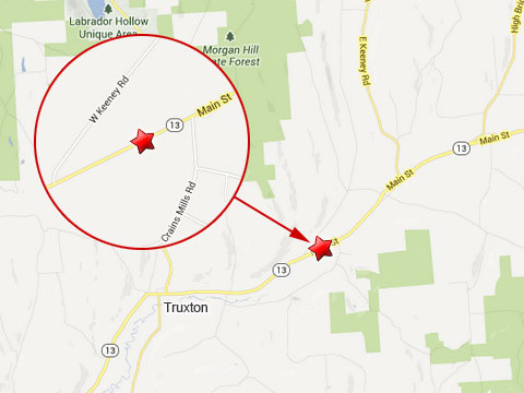 Map shows location of fatal semi truck accident in Truxton, NY on State Route 13  between West Keeney Rd and Crains Mills Rd on May 29, 2013.