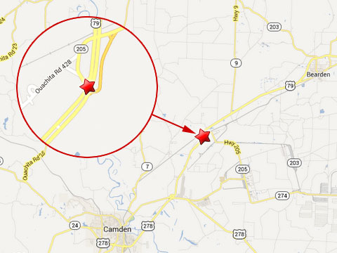 Map shows location of fatal semi truck accident on U.S. Highway 79 at Arkansas State Highway 205 about 8 1/2 miles southwest of Bearden, AR on June 13, 2013.