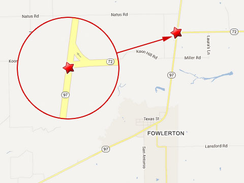 Map shows location of fatal semi truck crash at the intersection of Texas State Highways 97 and 72 in Fowlerton, TX on June 19, 2013.