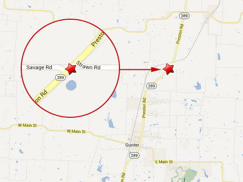 Map shows location of semi truck crash on Texas State Highway 289 at Savage Rd. in Gunter, TX on June 18, 2013.