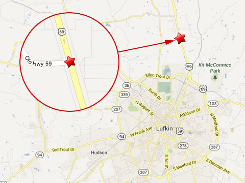 Map shows location of fiery semi truck accident on U.S. Highway 59 and Winston 8 Ranch Road (Old Hwy 59) in Lufkin, TX on June 26, 2013.