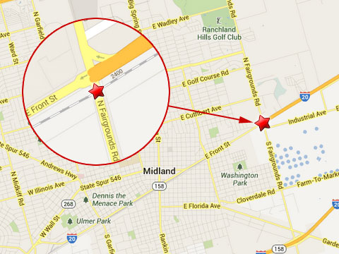 Map shows location of fatal semi truck accident with a train in Midland, TX near the 2300 block of Front St at the Fairgrounds Rd rail crossing on June 3, 2013.