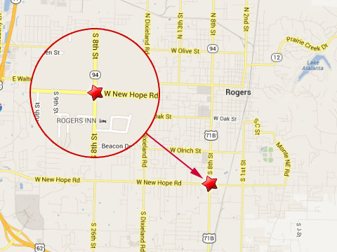 Map shows location of a semi truck accident that caused a fuel spill at New Hope Rd and 8th St in Rogers, AR on June 13, 2013.