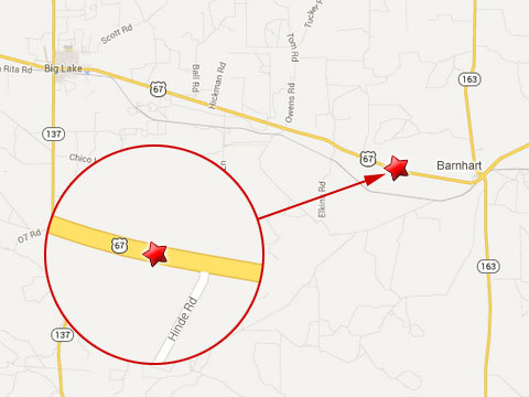 Map shows location of fatal semi truck crash 3.6 miles west of Barnhart, TX on U.S. Highway 67 on July 8, 2013.