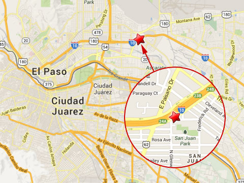 Map shows location of semi truck accident near the E Paisano Dr overpass on the eastbound I-10 in El Paso, TX on July 1, 2013.