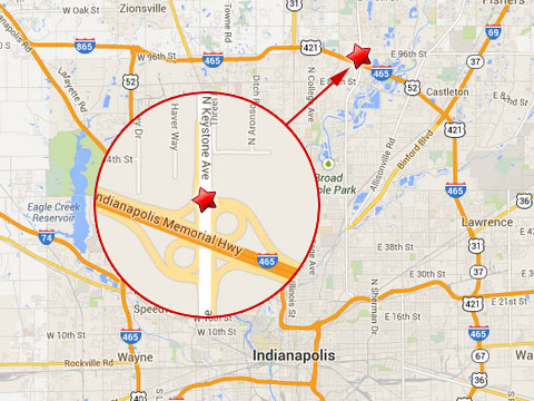 Map shows location of fatal bus accident at the Keystone Ave exit ramp from the westbound I-465 in Indianapolis, IN on July 27, 2013.