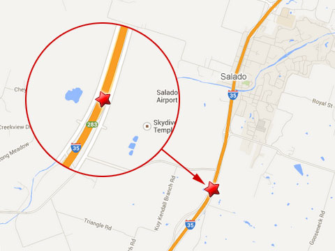 Map shows location of a semi truck accident on the northbound I-35 in the south of Salado, TX on July 17, 2013.