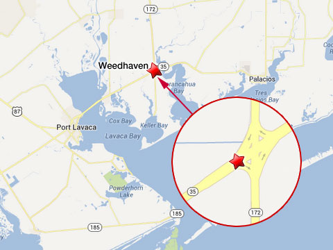 Map shows location of semi truck accident in Weedhaven, TX at the intersection of State Highways 35 and 172 on July 3, 2013.