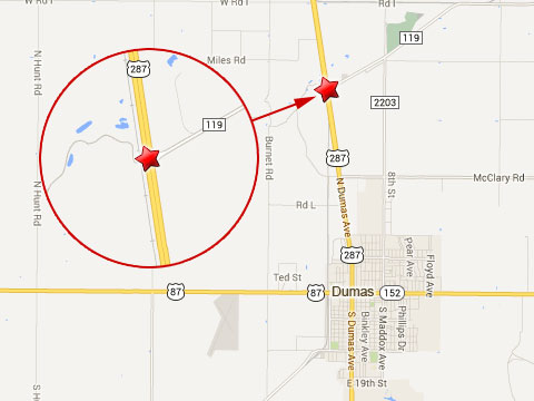 Map shows location of fatal semi truck accident at Farm to Market 119 and U.S. Highway 287 about 3 1/2 miles north of Dumas, TX on August 12, 2013.