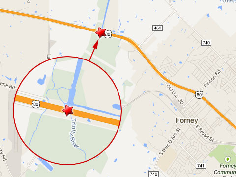 Map shows location of fiery semi truck accident on the Trinity River bridge on the eastbound U.S. Highway 80 in Forney, TX on August 2, 2013.