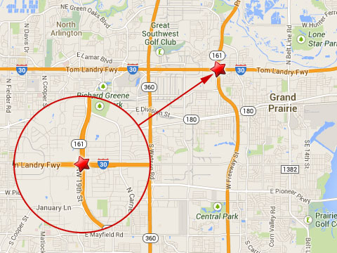 Map shows location of fatal semi truck crash in Grand Prairie, TX on the westbound I-30 at the State Hwy 161 interchange (President George Bush Turnpike) on August 3, 2013.