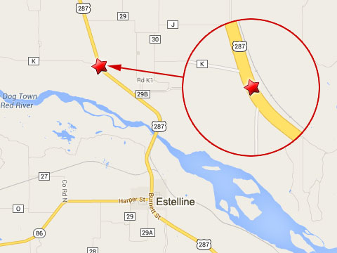 Map shows location of semi truck accident and hazardous chemical spill on U.S. Highway 287 at County Road K north of Estelline, TX on September 8, 2013.