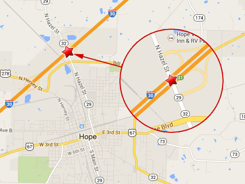 Map shows location of a semi truck crash on the westbound I-30 at the Hazel St overpass in Hope, AR on September 7, 2013.