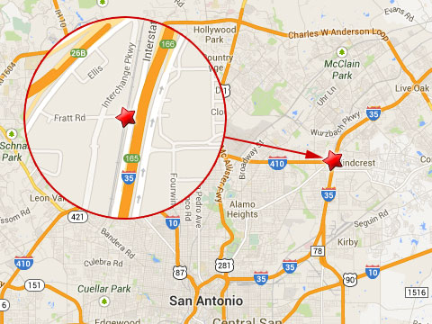 Map shows location of fiery semi truck crash with a Union Pacific train at the Fratt Rd rail crossing next to I-35 in San Antonio, TX on August 27, 2013.