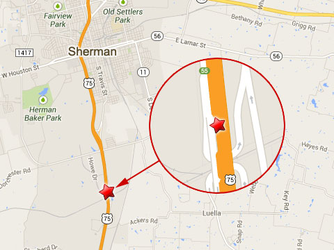 Map shows location of a semi truck accident on the southbound U.S. Highway 75 near mile marker 55 in Sherman, TX on September 18, 2013.