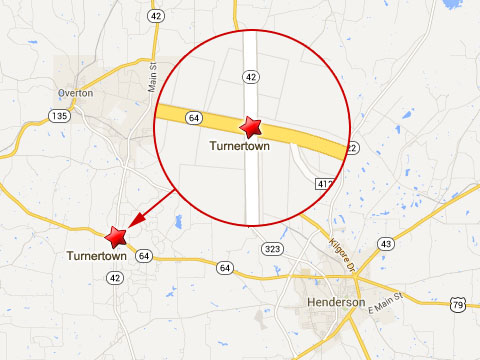 Map shows location of fatal semi truck accident in Turnertown, TX at the intersection of Texas State Highways 42 and 64 on September 3, 2013.