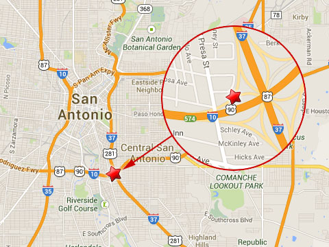 Map shows location of a semi truck crash where a load of limes was spilled on the transition ramp from the northbound I-37 to the westbound U.S. 90 in San Antonio, TX on October 3, 2013.